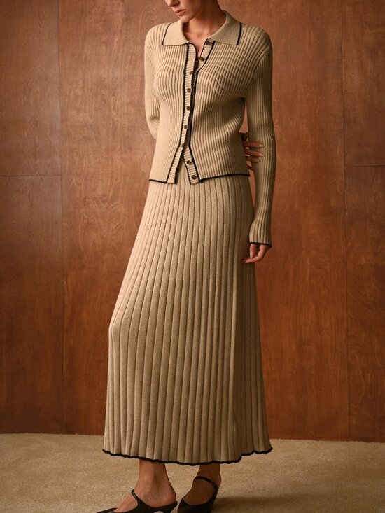 Dresses & Skirts - Apricot Casual Women's Ribbed Knit Button Placket Cardigan & Knit Skirt Set